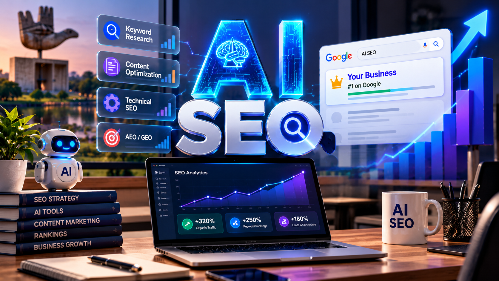 AI SEO Company in Chandigarh analyzing search algorithms on modern digital dashboard